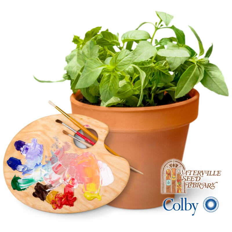 A terracotta pot with basil planted in it. A painter's palette with three paint brushes is propped against it. In the bottom right, the logos for the sponsoring organizations are stacked.